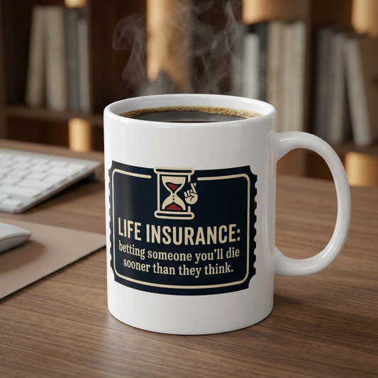 White ceramic life insurance mug with navy label and hourglass graphic on front.