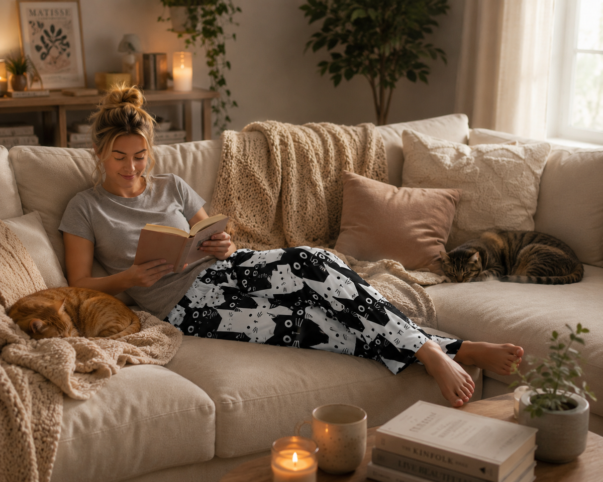 Fun Black and White Cat Print Women's Pajama Pants, Cute Sleepwear