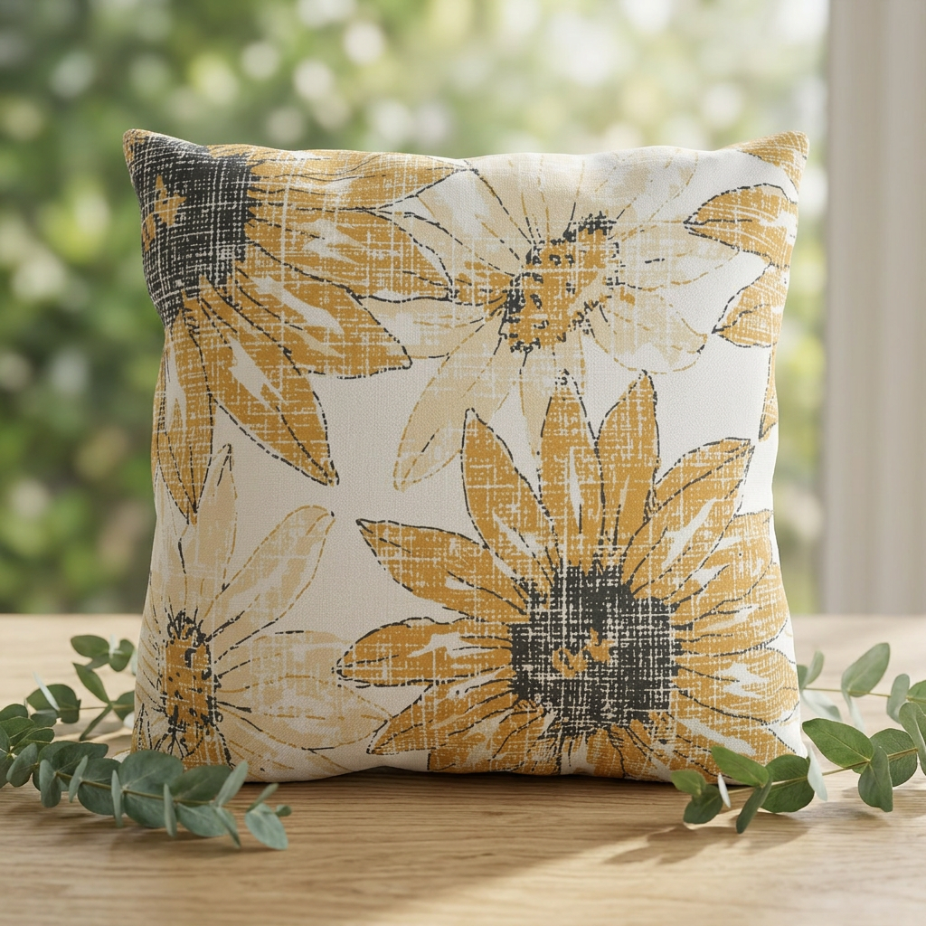 Sunflower Sketch Outdoor Pillow — Yellow Floral Patio Cushion