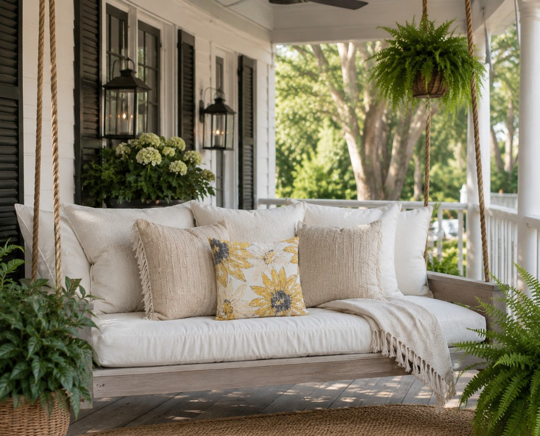 Sunflower Sketch Outdoor Pillow — Yellow Floral Patio Cushion