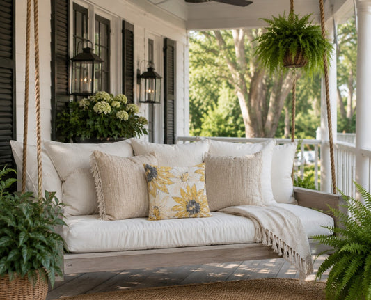Sunflower Sketch Outdoor Pillow — Yellow Floral Patio Cushion