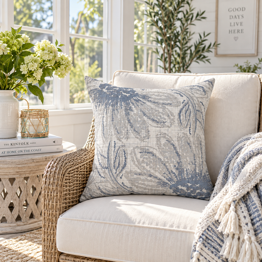 Blue Floral Textured Square Pillow — Coastal Cottage Decorative Throw Pillow
