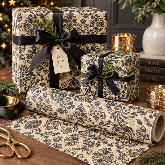 Damask Gift Wrapping Paper Roll — Vintage Black & Cream Floral Pattern
