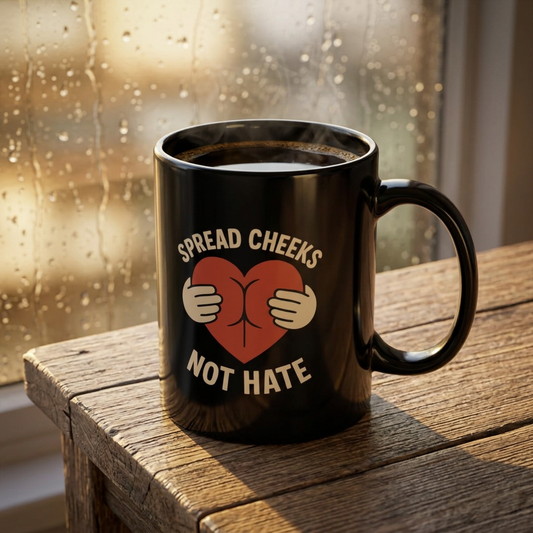 Funny Black Mug - Spread Cheeks Not Hate - Gift for Coffee Lovers, Humorous Mug, Quirky Kitchen Decor, Unique Gag Gift, Birthday Present