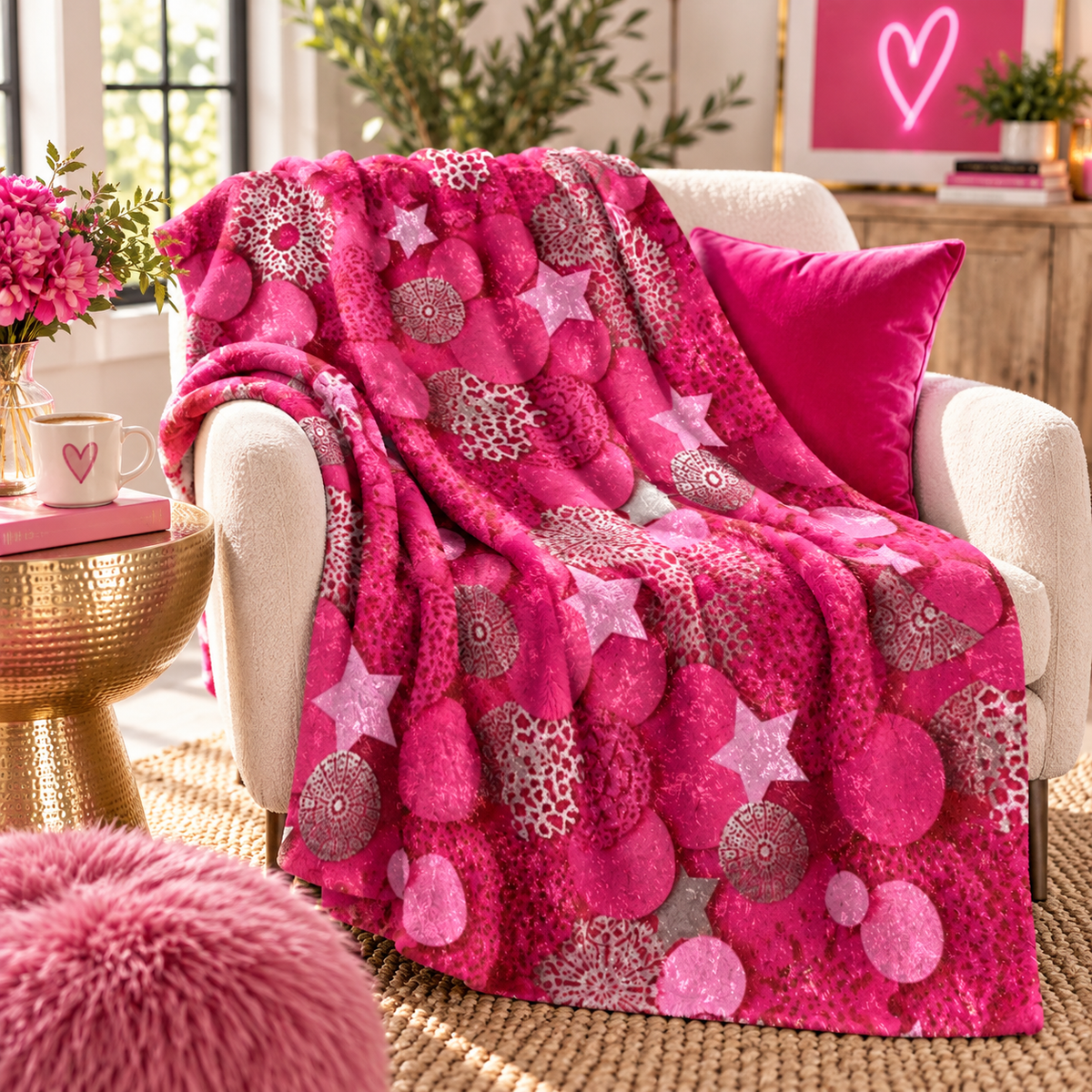 Pink Glam Throw Blanket – Hot Pink Abstract Star & Circle Pattern Cozy Plush Blanket