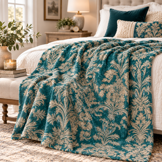 Crushed Velvet Blanket — Teal Damask Throw for Living Room, Luxurious Vintage-Style Home Decor
