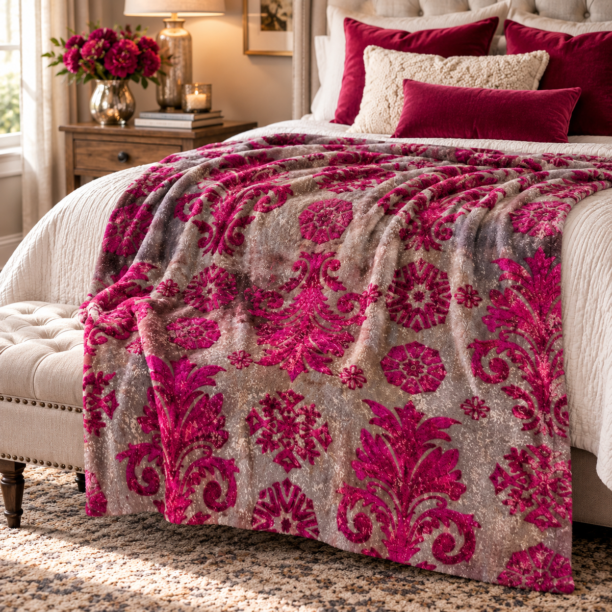 Damask Pink Crushed Velvet Blanket | Ornate Baroque Pattern, Plush Throw