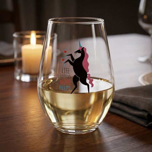Unicorn Drinking Wine Stemless Wine Glass | Life Happens Wine Helps