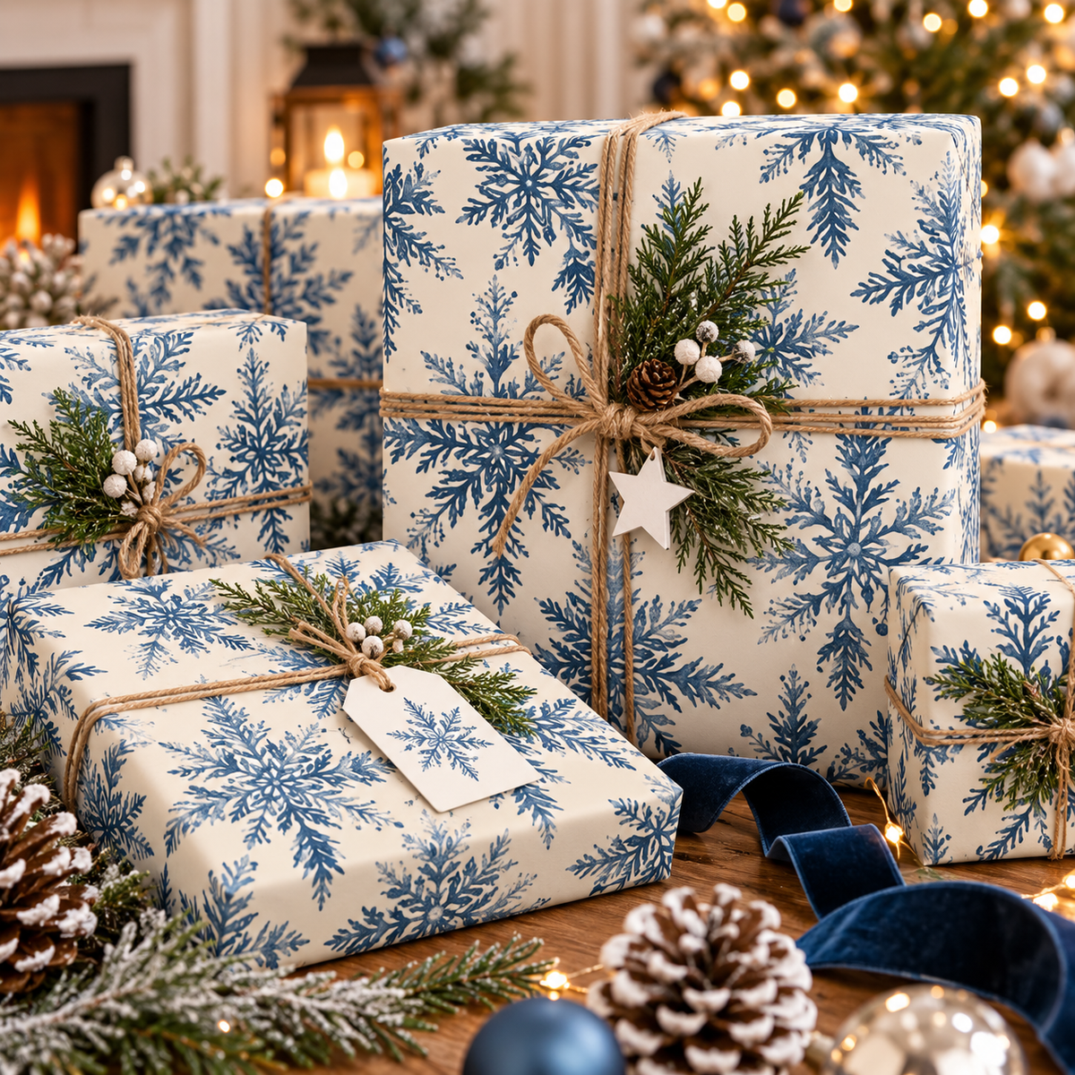 Winter Blue Snowflake Wrapping Paper Roll — Elegant Holiday Gift Wrap