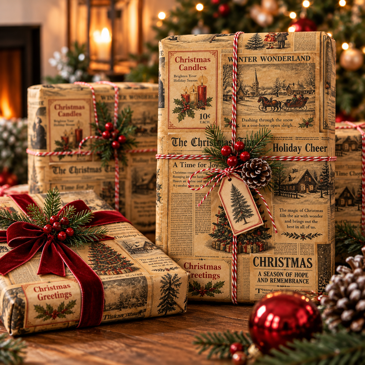 Vintage Christmas Newspaper Pattern Gift Wrap Roll | Wrapping Paper