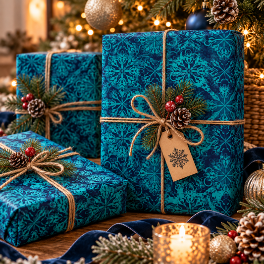 Teal wrapping paper roll with repeating Moroccan geometric tile pattern, gift-wrapped bundles tied with twine