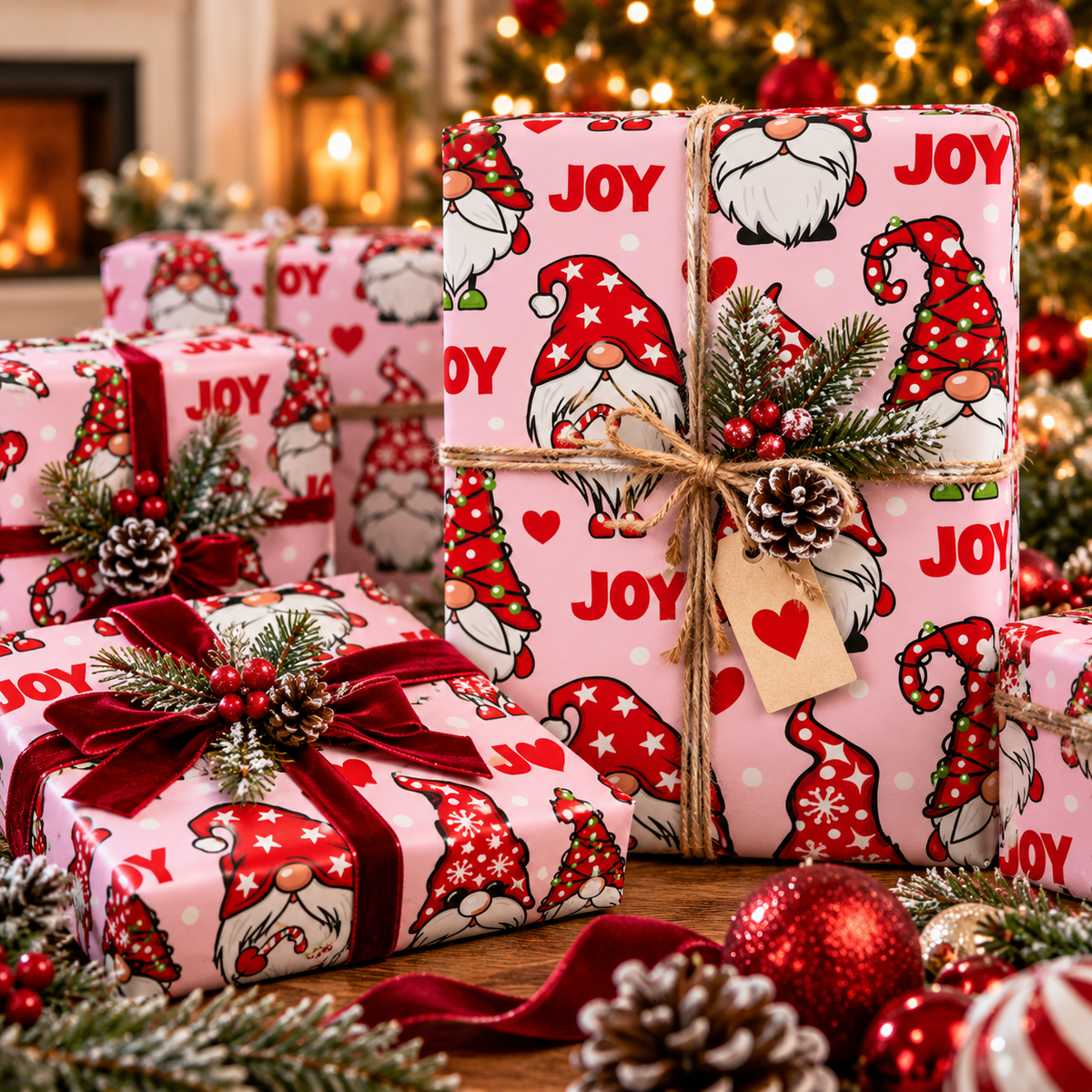 Christmas Gnome Pattern Wrapping Paper | Roll, Heart Motif
