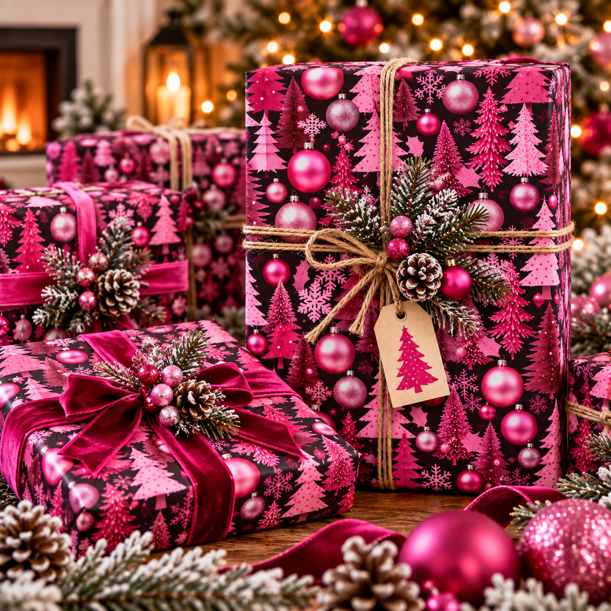 Pink Holidays Ornaments Wrapping Paper | Designer Christmas Pattern Roll