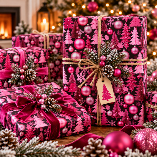 Pink wrapping paper roll with Christmas ornaments, pine trees, and snowflake pattern