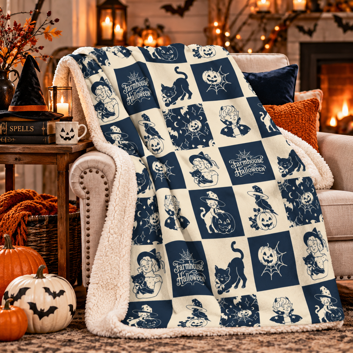 Vintage Farmhouse Halloween Sherpa Blanket — Retro Pumpkin & Cat Fleece Throw