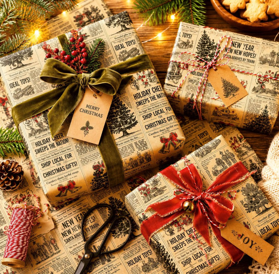 Vintage Newspaper Christmas Tree Wrapping Paper | Holiday Print
