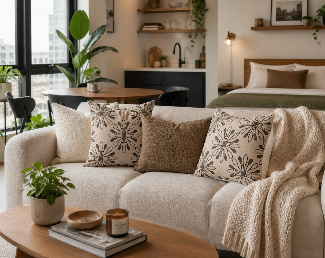 Neutral Floral Pattern Pillow | Faux Suede Square Pillow
