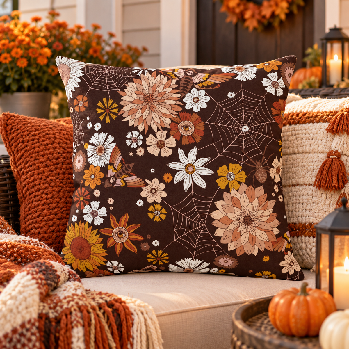 Outdoor Pillow — Brown Floral & Spiderweb Fall Decorative Cushion