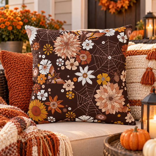 Outdoor decorative pillow in dark brown with white spiderweb and fall floral print