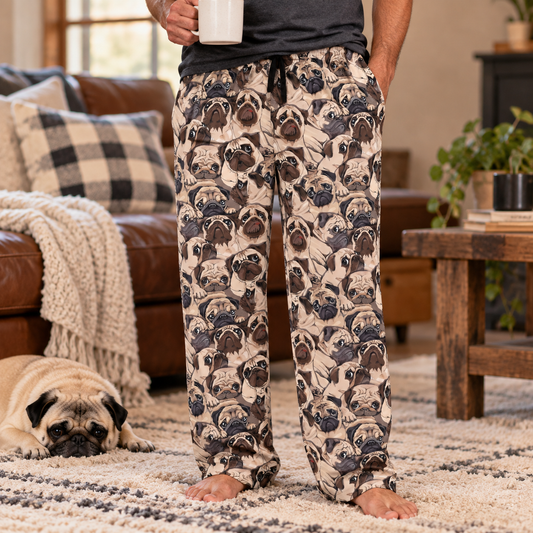 Pug Face Men's Pajama Pants, Dog Lover Lounge Wear, Fun Patterned Sleep Bottoms, Comfy PJ Trousers, Cute Animal Print Sleepwear, Cozy