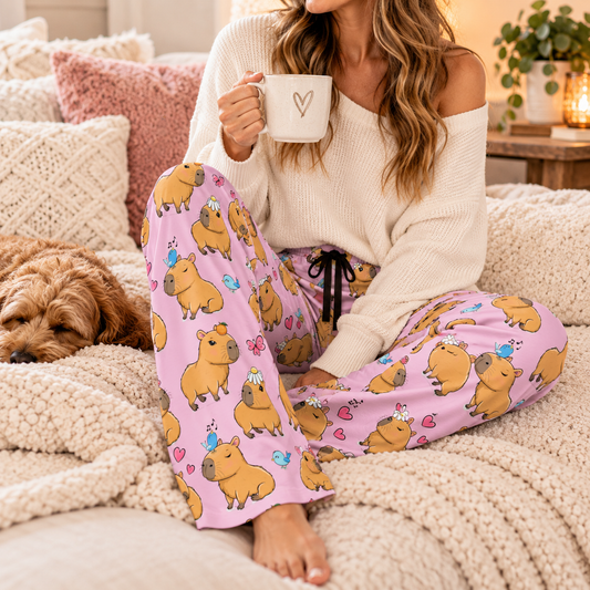 Cute Capybara Pajama Pants — Pink All-Over Print Women’s Lounge Pants