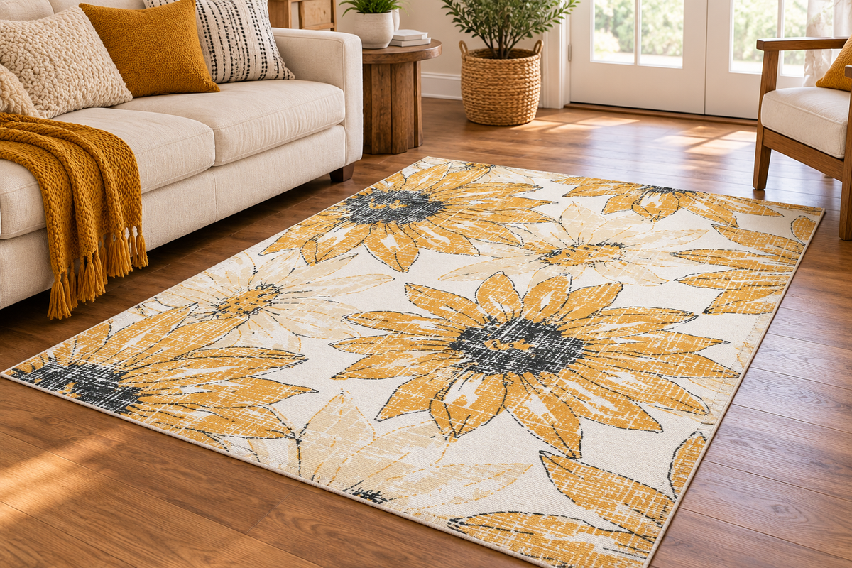 Sunflower Sketch Area Rug | Yellow Floral Accent Rug, Kitchen Mat