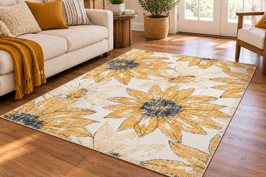 Sunflower floral area rug with white, orange and black sketch flowers
