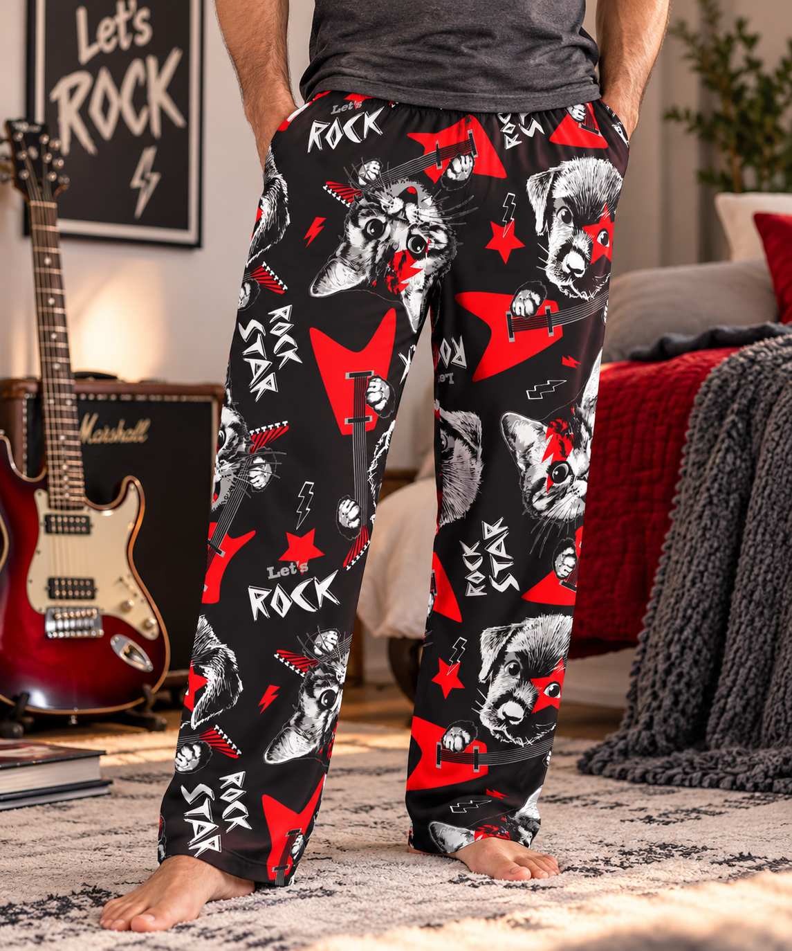 Men's Rockin Cats & Dogs Pajama Pants — Red & Black All-Over Print "Let's Rock" Lounge Pants