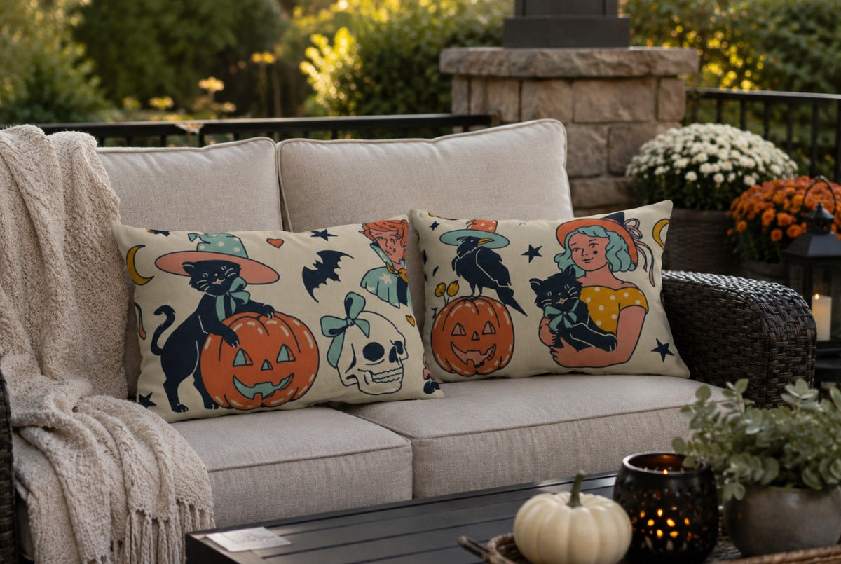 Vintage Halloween Witch Cats Outdoor Pillow | Pumpkin Skull Bat Pattern
