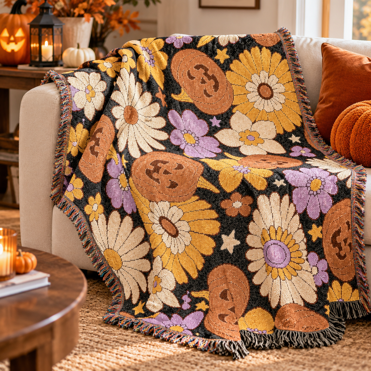 Retro Floral Pumpkin Pattern Woven Blanket | Autumn Daisy Throw