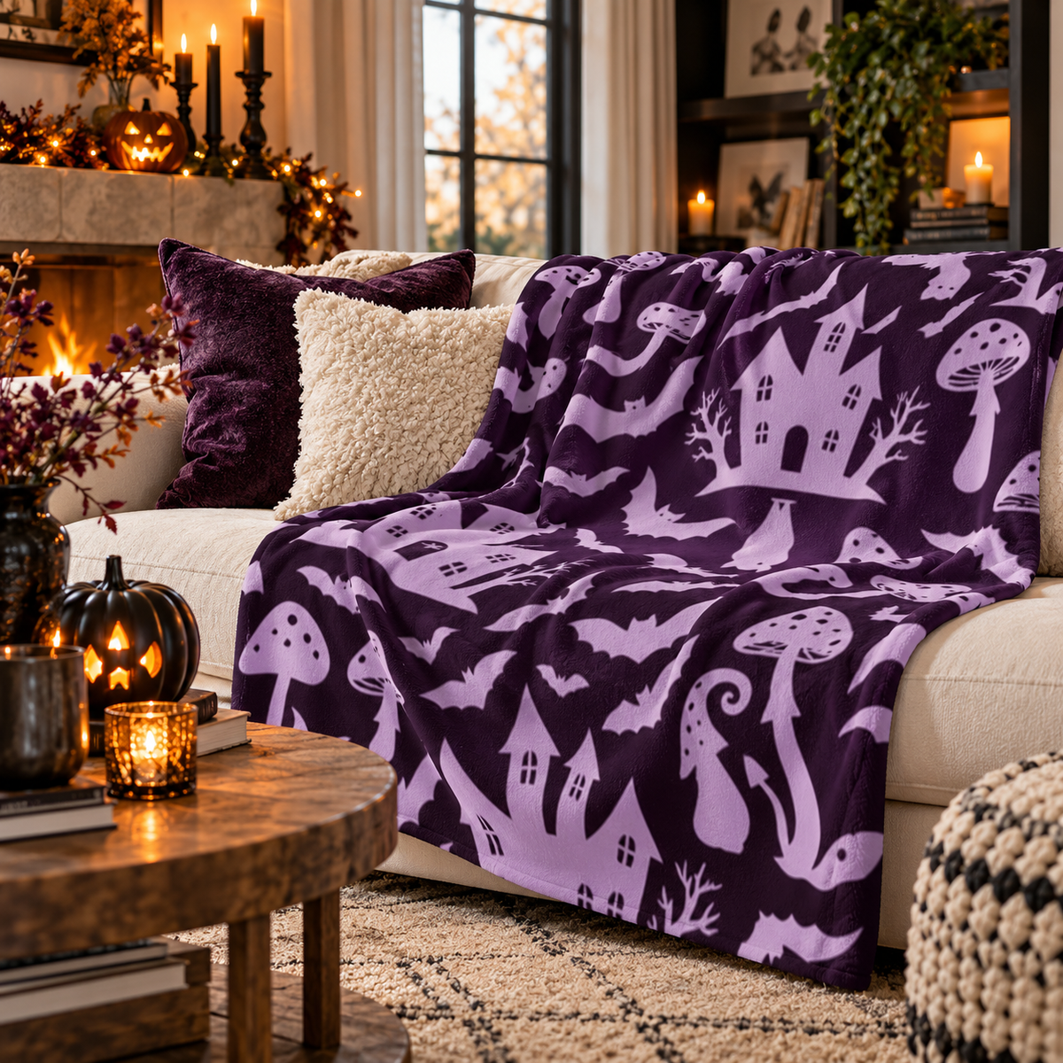 Haunted Castle and Mushrooms Sherpa Blanket | Purple Halloween Pattern