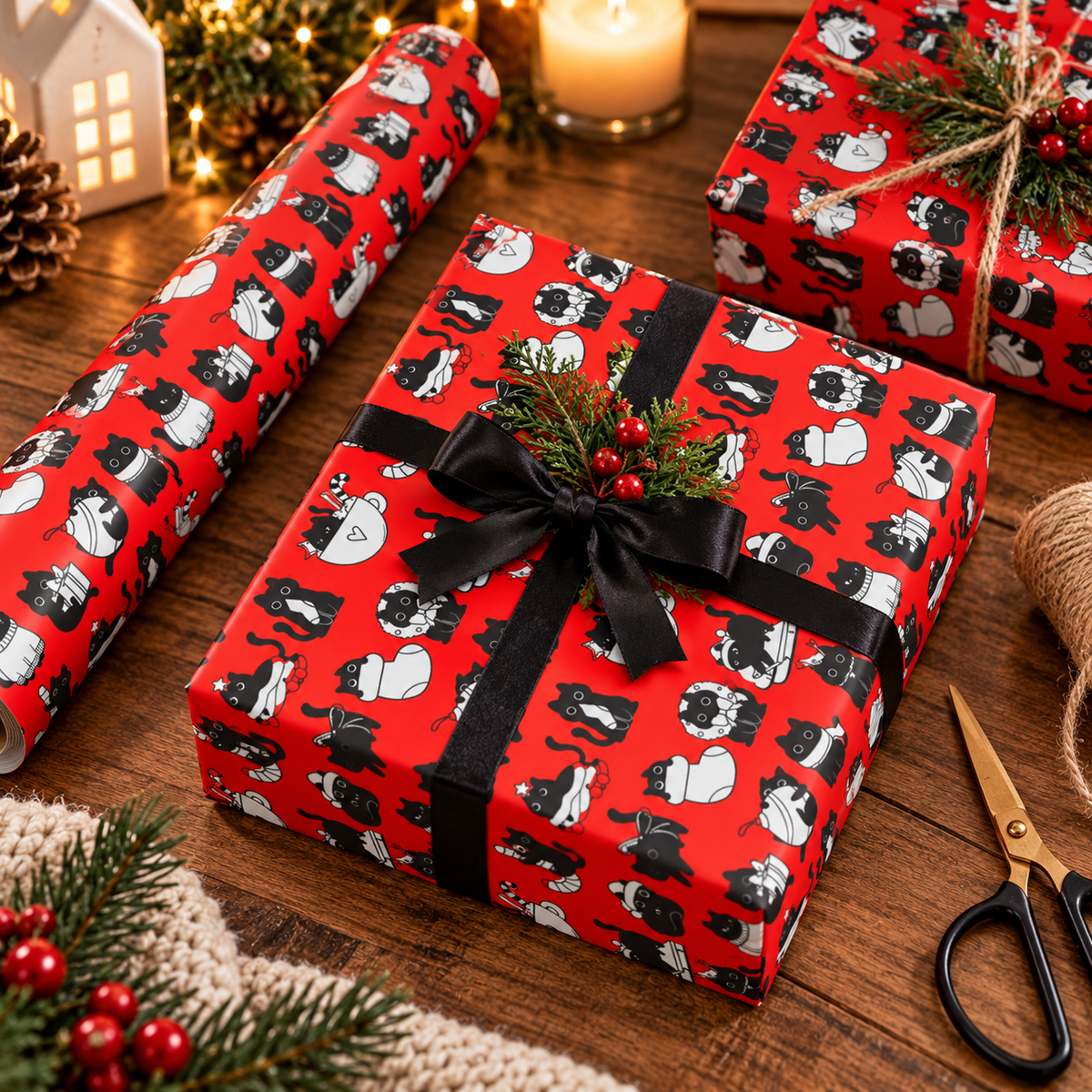 Cat Pattern Gift Wrap Roll — Red Holiday Wrapping Paper with Black & White Cats