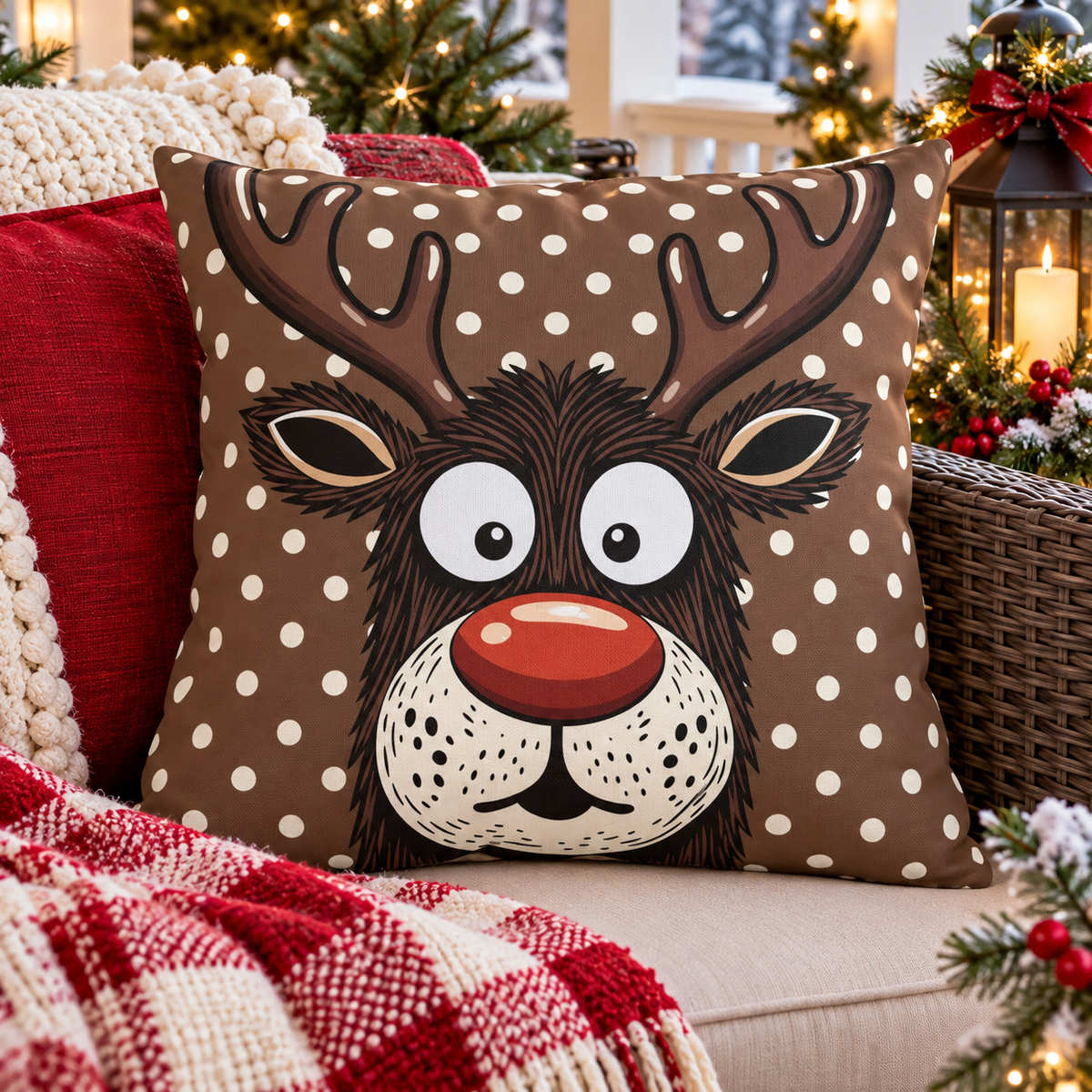 Reindeer Face Outdoor Pillow — Cute Polka Dot Christmas Decor