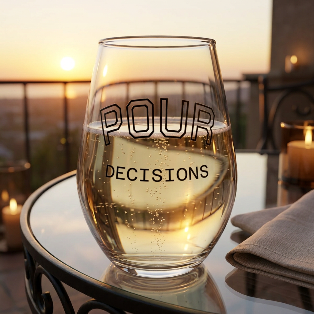 Stemless Wine Glass – “Pour Decisions” Funny Cocktail Glass, 11.75 oz