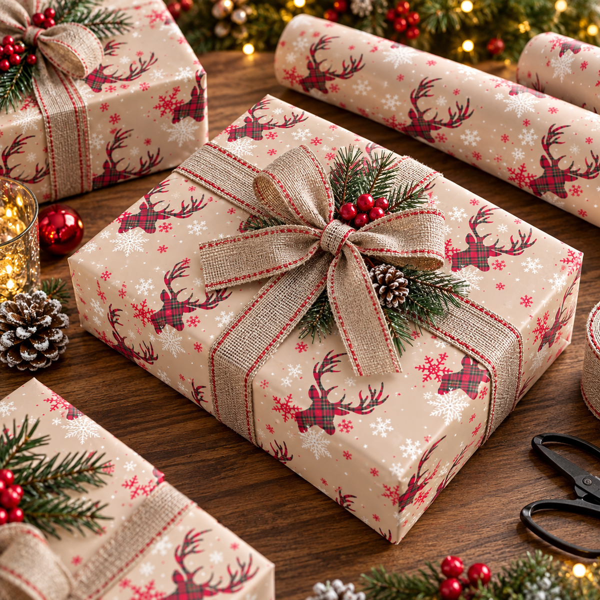 Reindeer Pattern Gift Wrapping Paper Roll — Vintage Beige Christmas Wrap