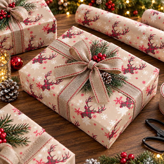 Beige Christmas wrapping paper with red and blue reindeer motif and snowflake accents
