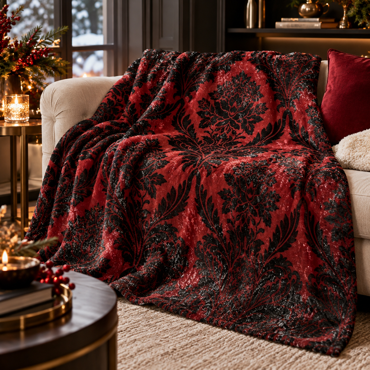 Red and black damask floral throw blanket spread over bed