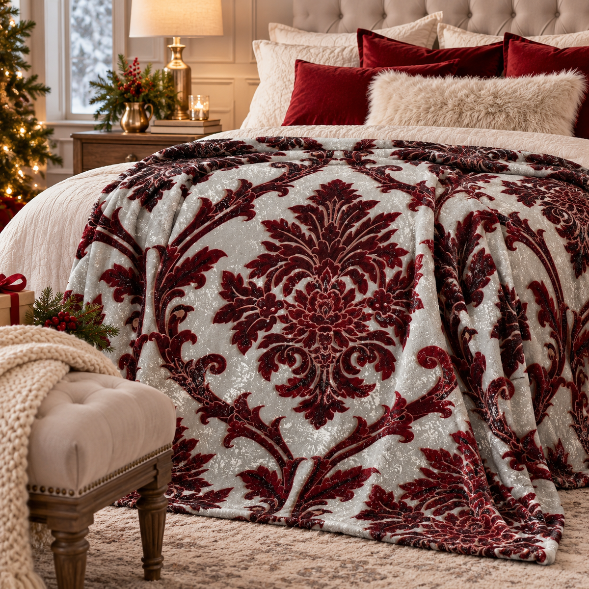 Crimson and ivory damask throw blanket with ornate burgundy floral scroll pattern