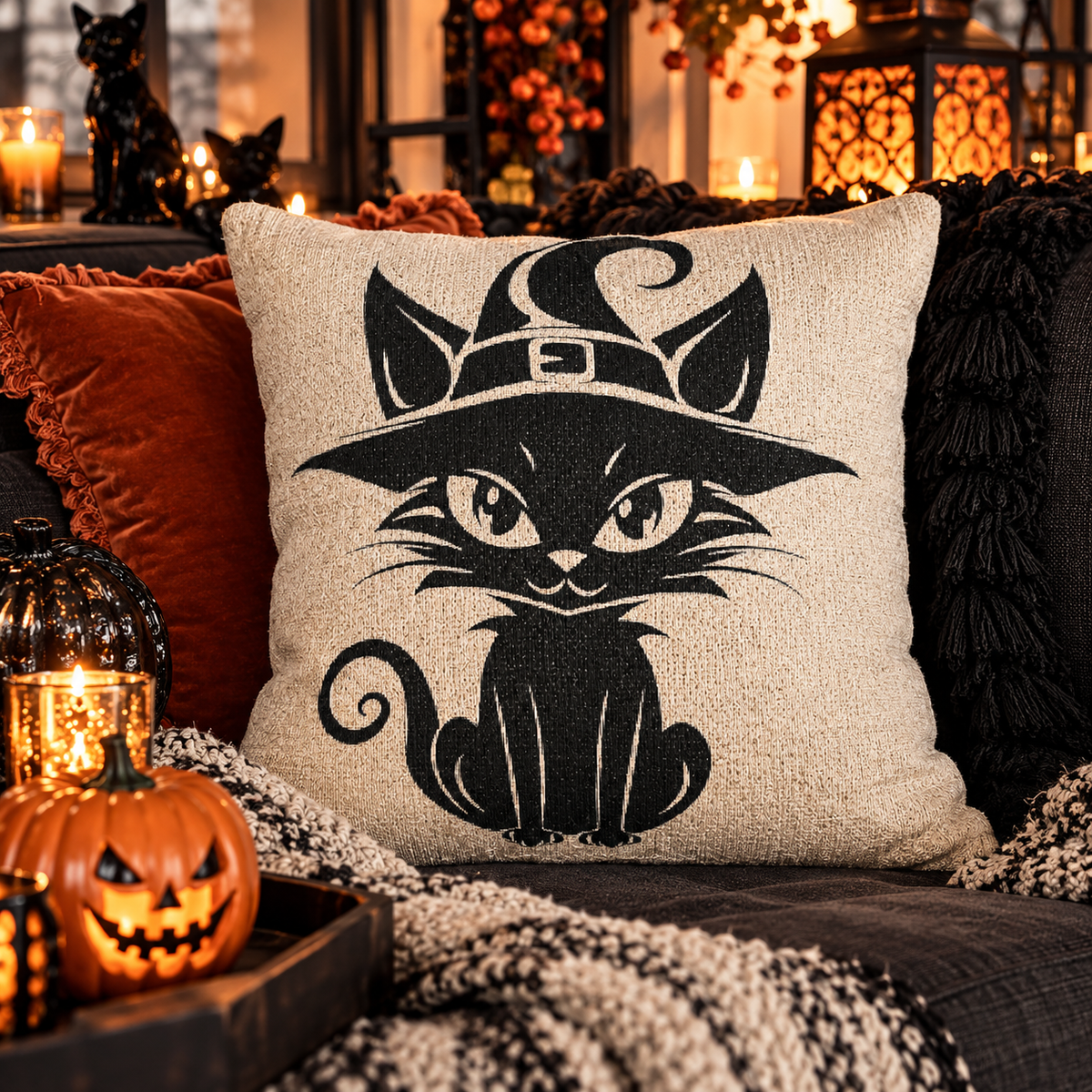 Woven Halloween cat pillow with black witch hat graphic on beige cover