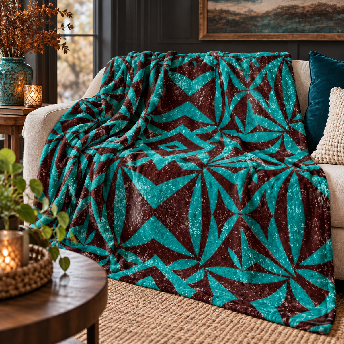 Crushed velvet blanket draped over sofa, teal geometric pattern on dark brown base