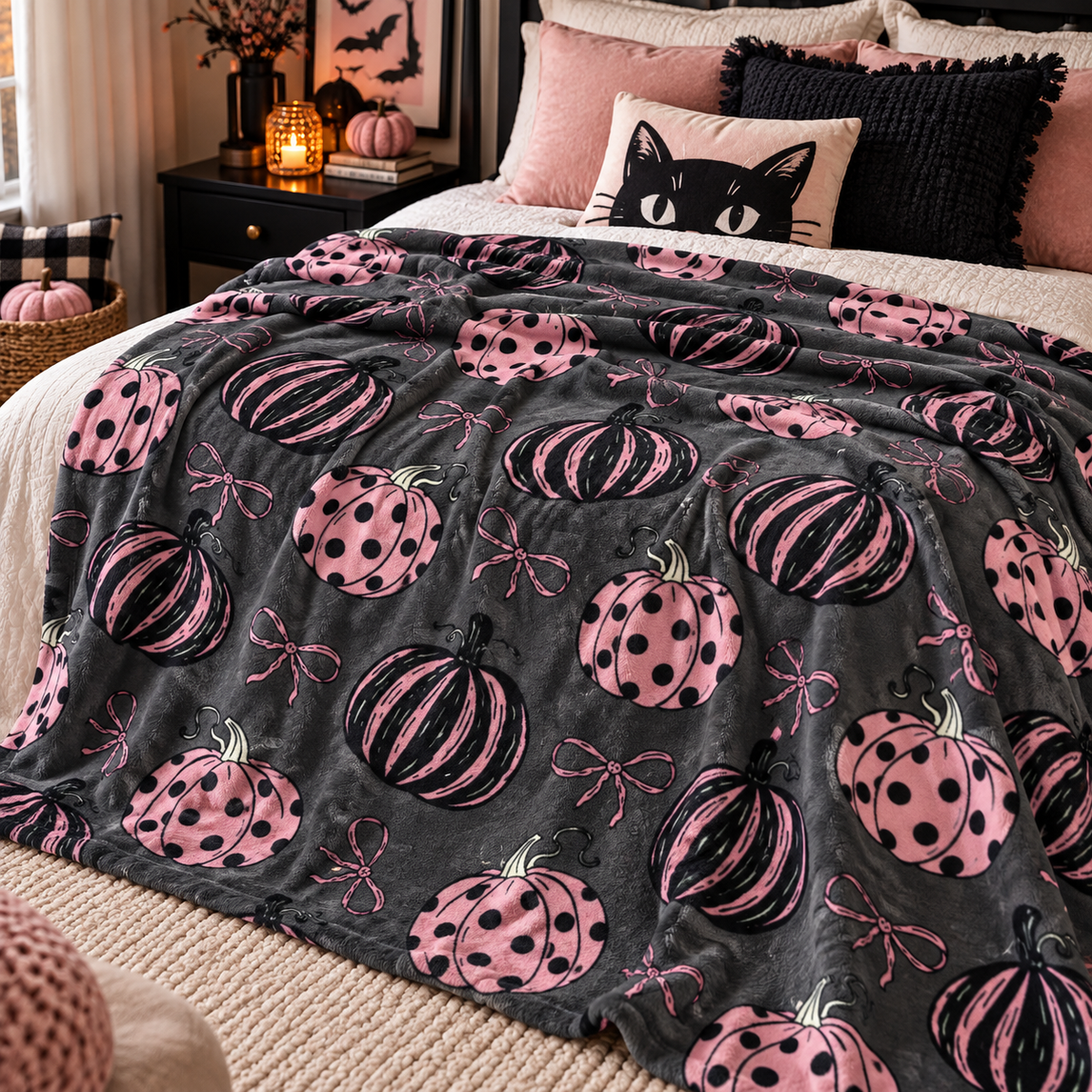 Pink and Black Polka Dot Pumpkins Velveteen Blanket | Fall Pumpkin Pattern