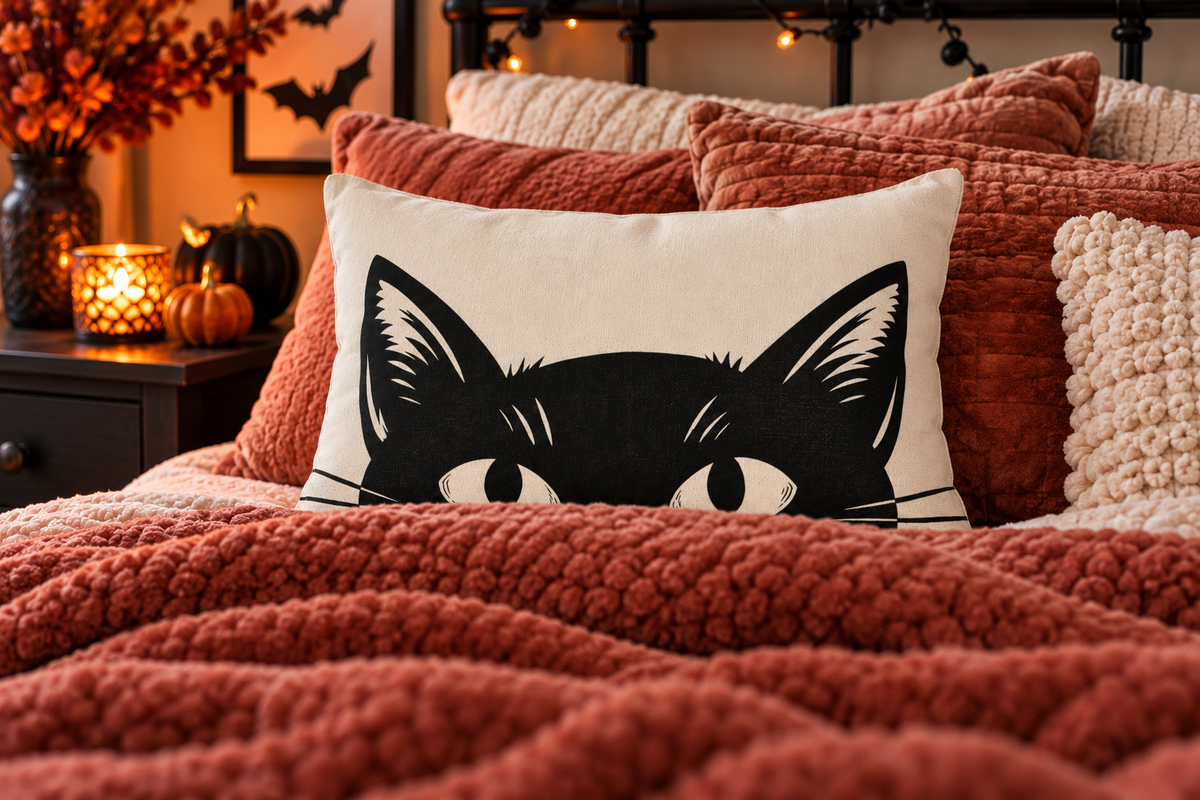 Peeking Black Cat Lumbar Pillow | Cute Spooky Halloween Cat Throw Pillow