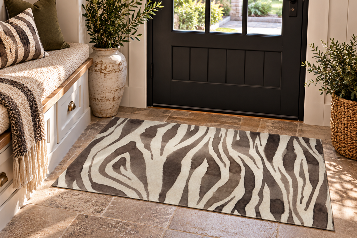 Zebra Print Washable Rug — Soft Machine-Washable Accent Rug for Entryway, Bedroom, or Bathroom