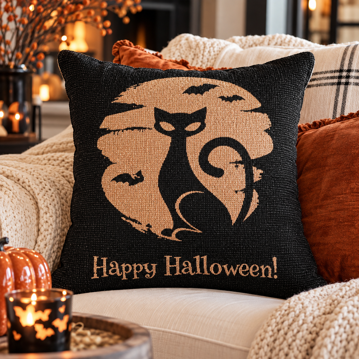 Black Cat Halloween Pillow | Happy Halloween woven decor, spooky moon design