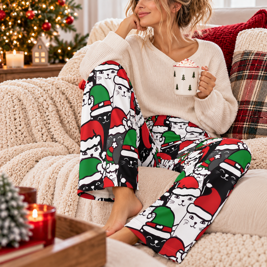 Santa cat print pajama pants with red, green, white, and black allover pattern