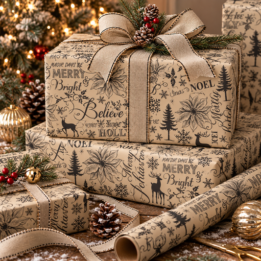Vintage Christmas typography gift wrap paper in beige with black Noel, holly, deer, trees