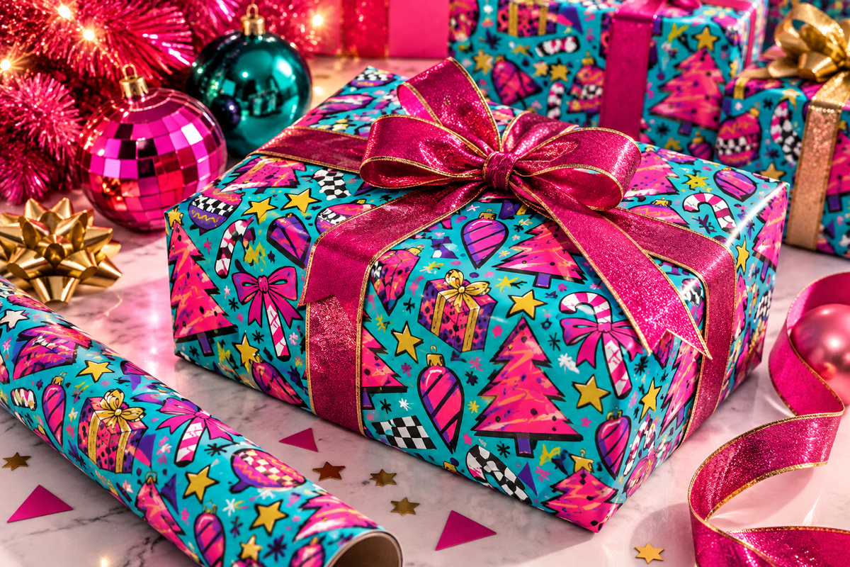 Colorful Christmas gift wrap paper on wrapped presents with shiny ribbon bows and ornaments
