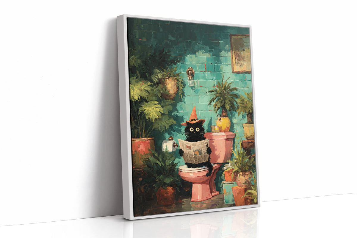 White-framed cat artwork with teal garden scene, potted plants, and terracotta pots