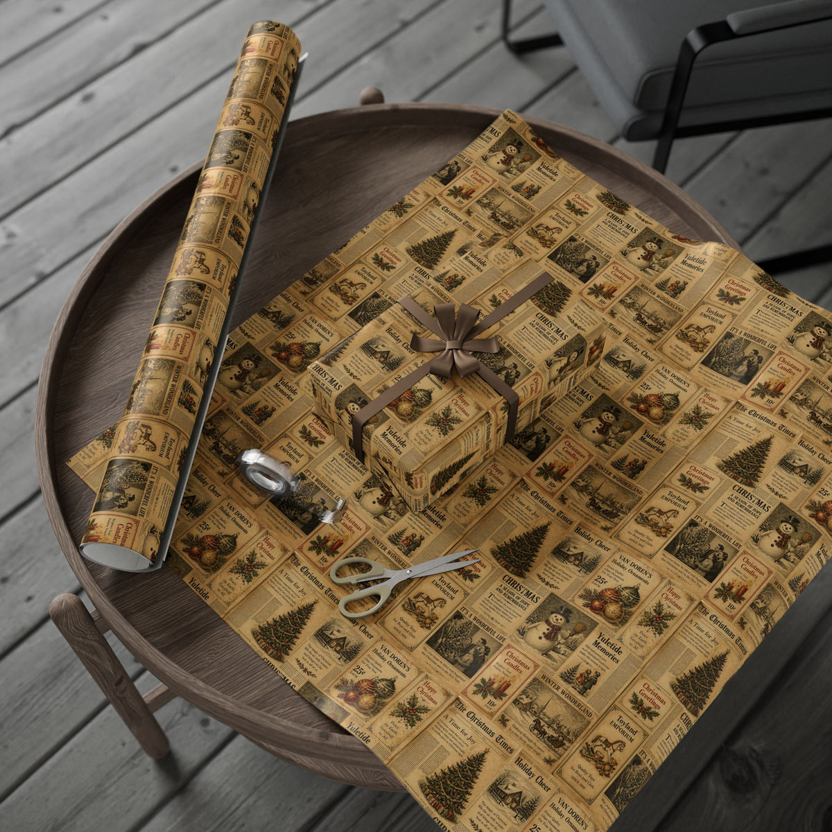 Vintage Christmas Newspaper Pattern Gift Wrap Roll | Wrapping Paper