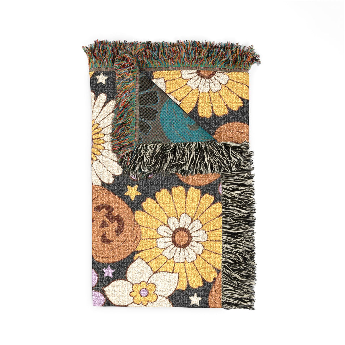 Retro Floral Pumpkin Pattern Woven Blanket | Autumn Daisy Throw
